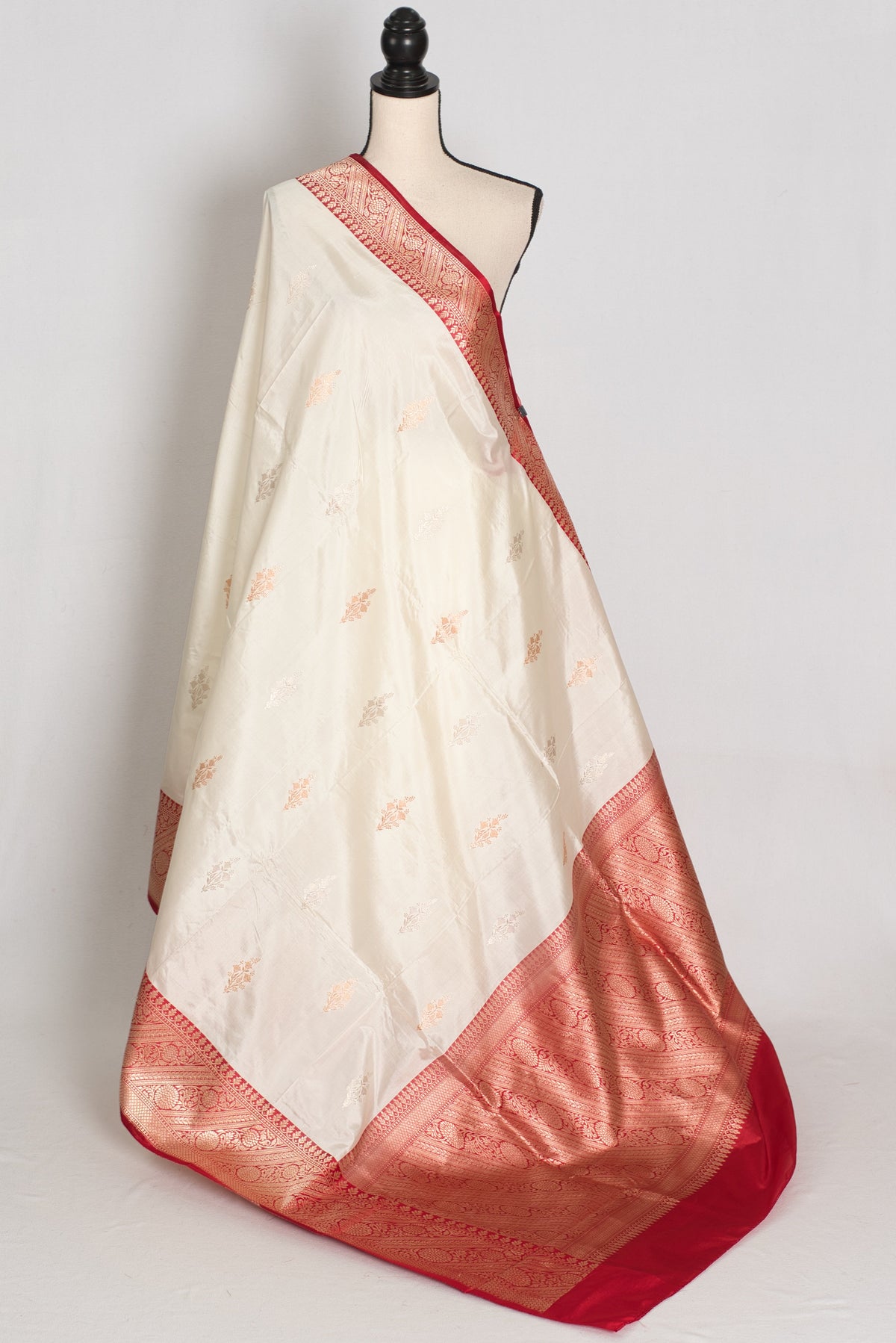 Stuti : White and Red Handwoven Pure Silk Banarasi Saree | Silk Mark Certified