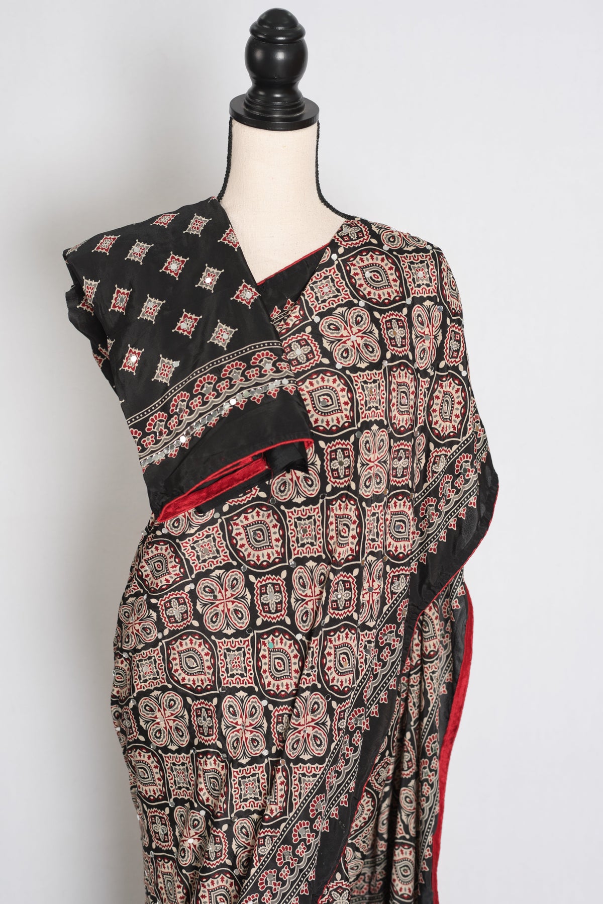 Trisha : Black and Red Semi Modal Silk Ajrakh Saree with Hand-Pasted Mirrors
