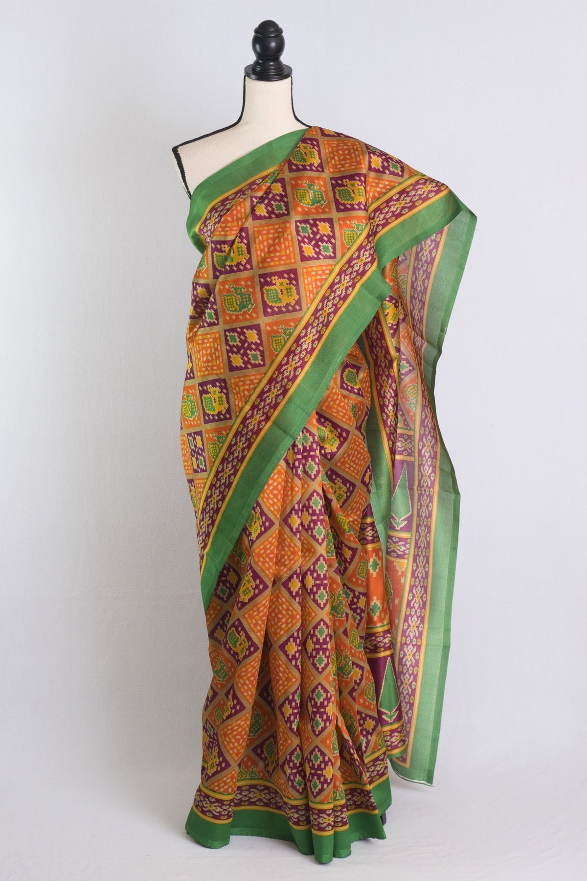 Art Silk Printed Patola Saree in Yellow and Green