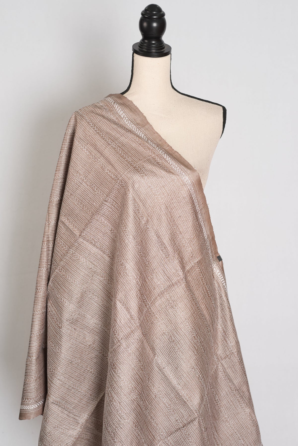 Hand Embroidered Brown & White Gachi Tussar Silk Kantha Dupatta | Neha