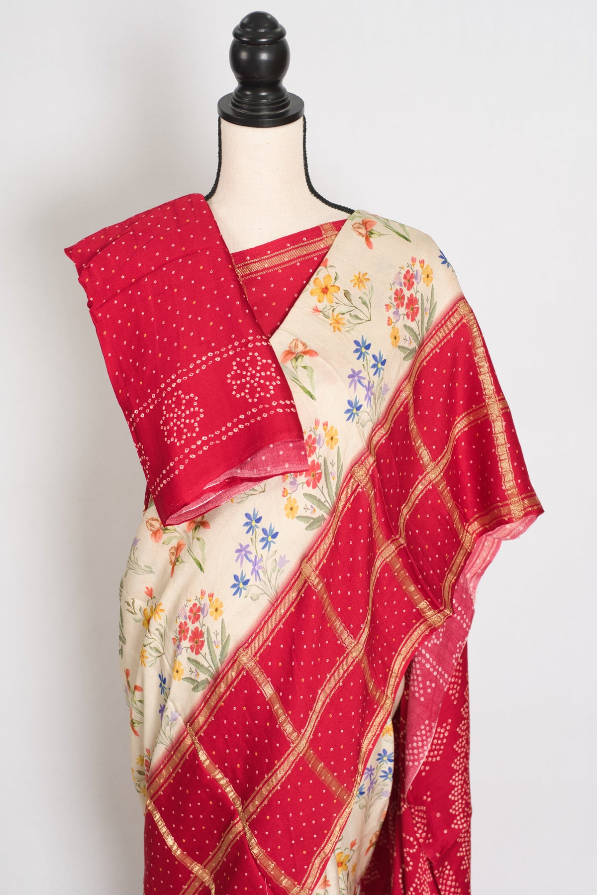 Mehuli | Cream & Rosy Red Modal Silk Saree | Gharchola & Bandhani Print