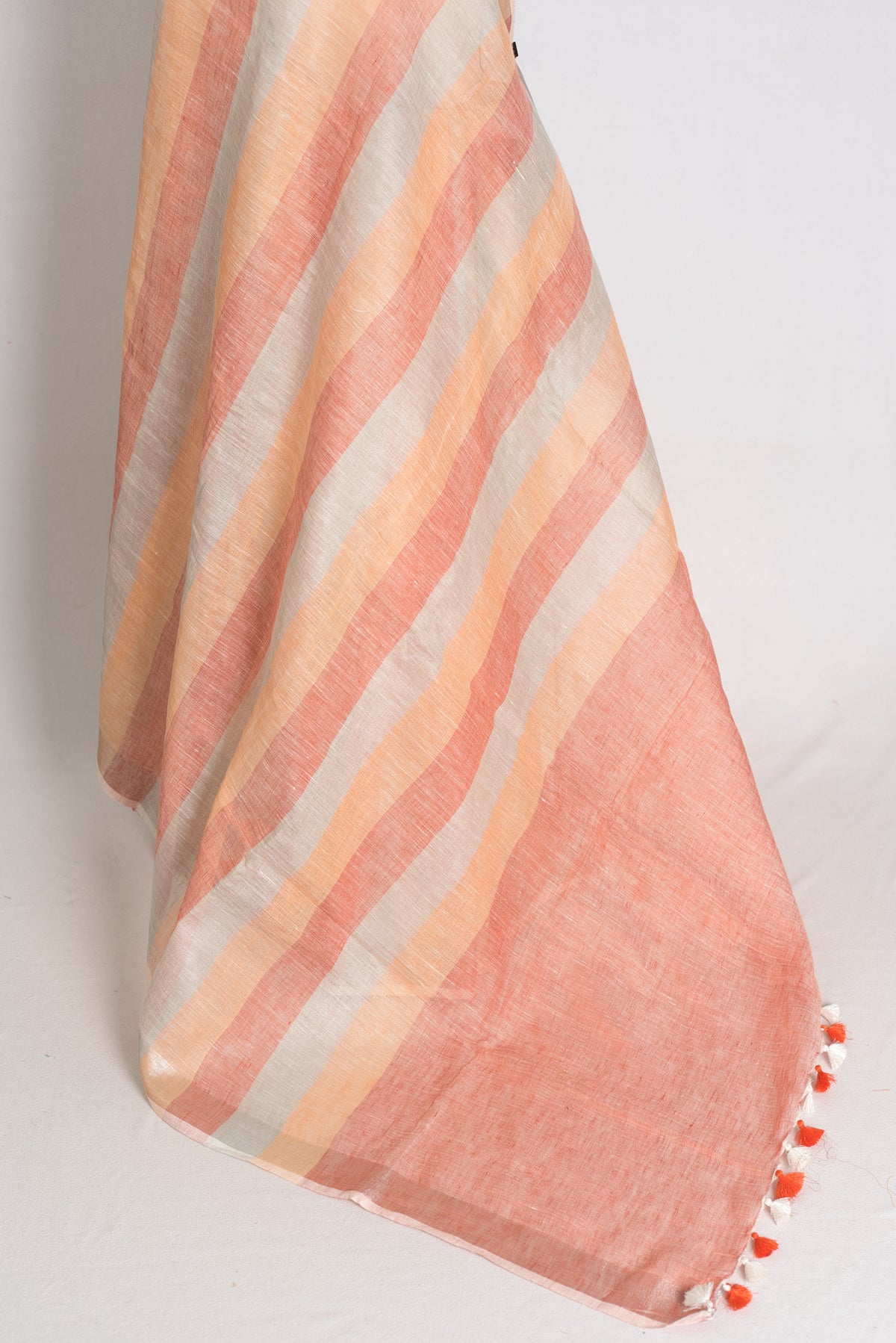 Priya : Pastel Orange and Powder Blue Lateral Striped Pure Linen Saree