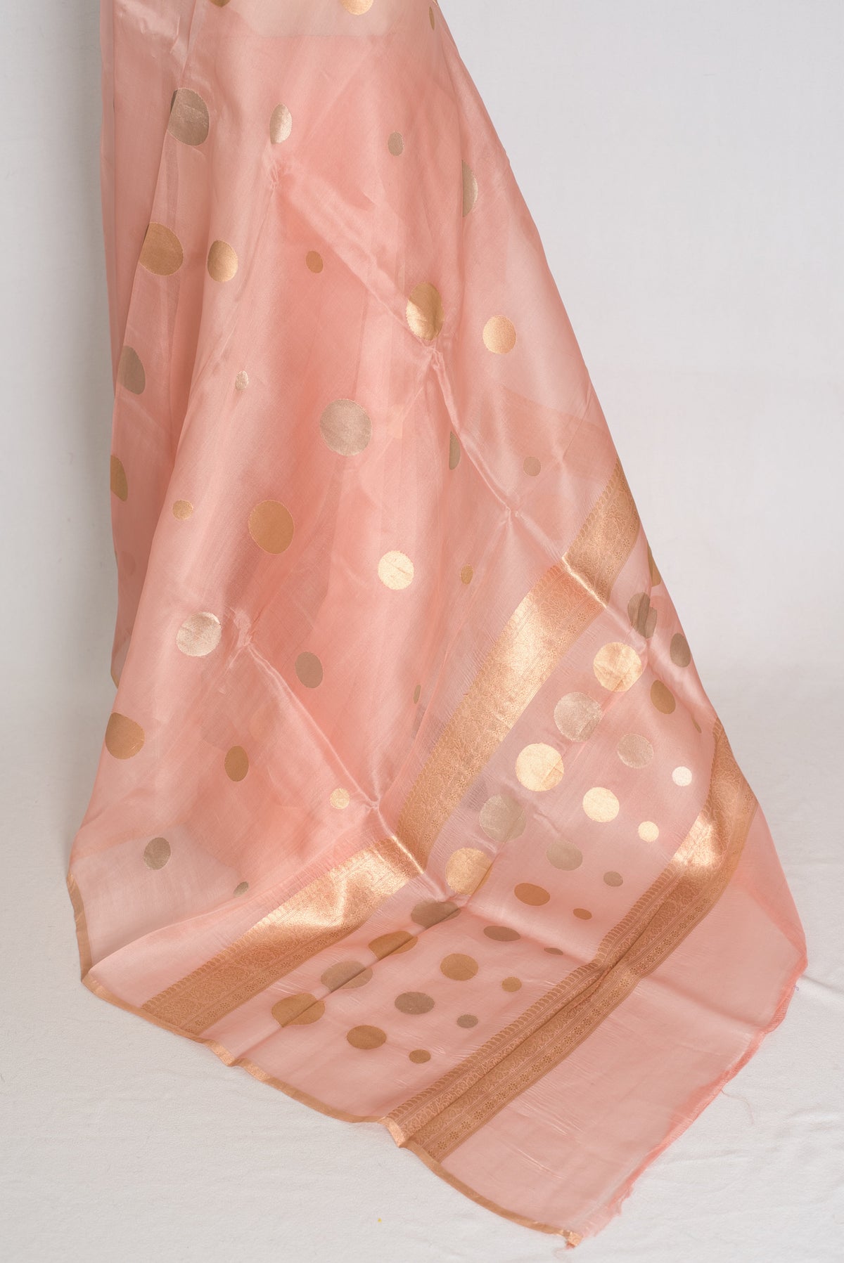 Medha : Peachy Pink Polka Dot Handwoven Kora Banarasi Silk Saree | Silk Mark