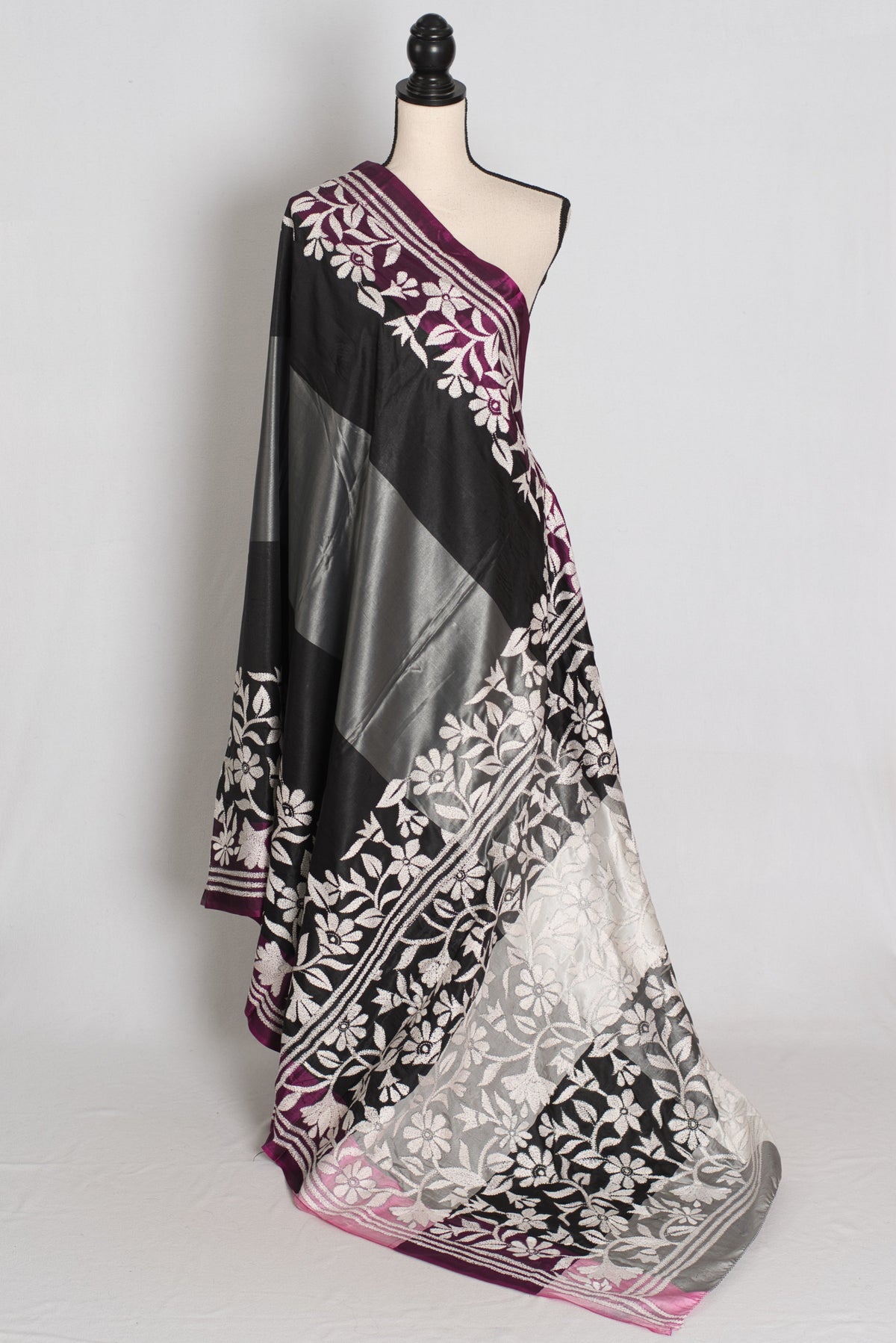 Neha : Black and Gray Hand Embroidered Kantha Stitch Semi Silk Saree