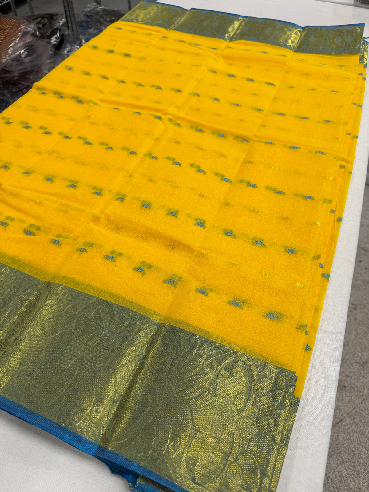 Mrittika : Yellow and Blue Bengal Handloom Pure Cotton Tant Saree