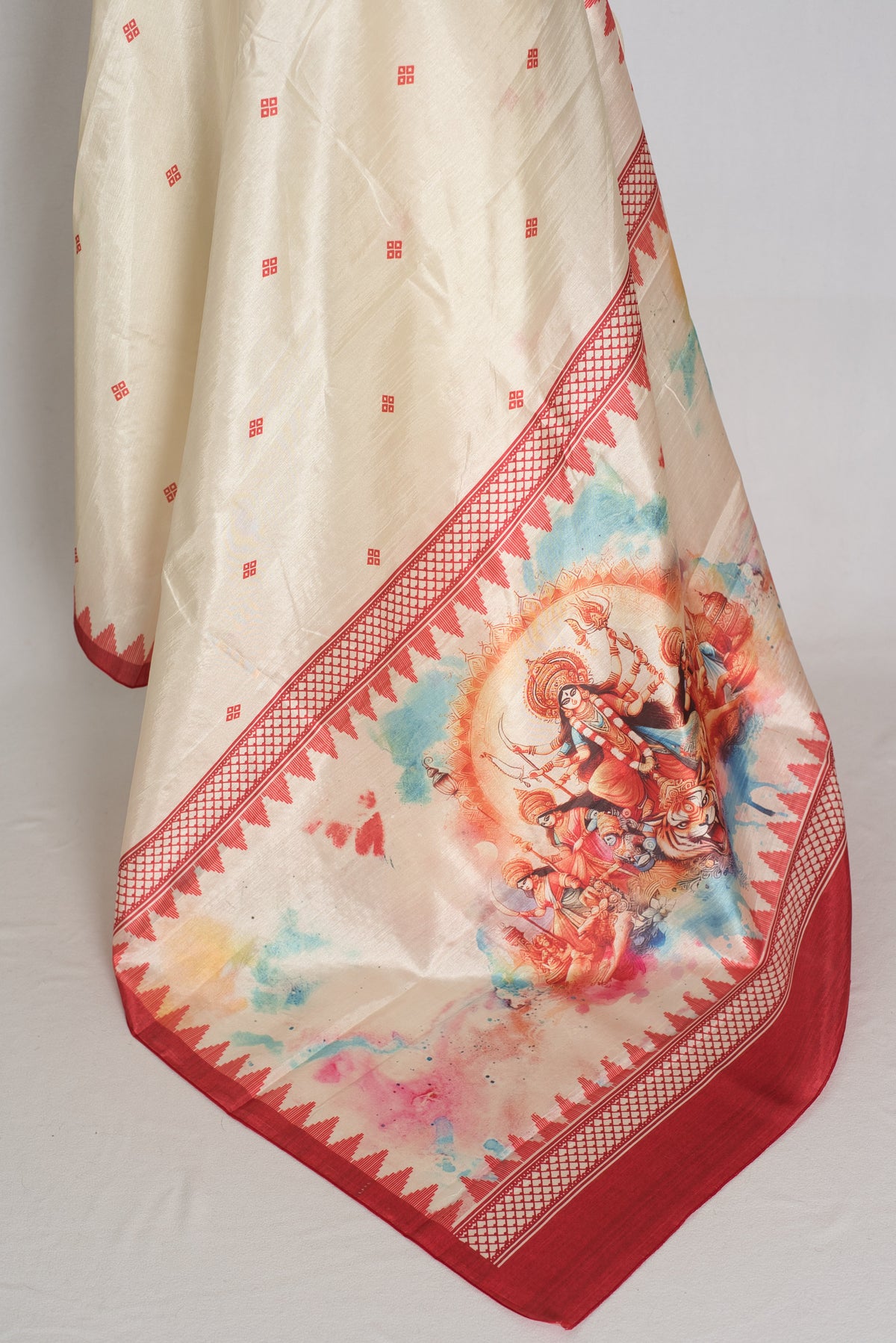 Gauri: Traditional Cream and Red Semi Silk Durga Puja Saree with Durga Pallu