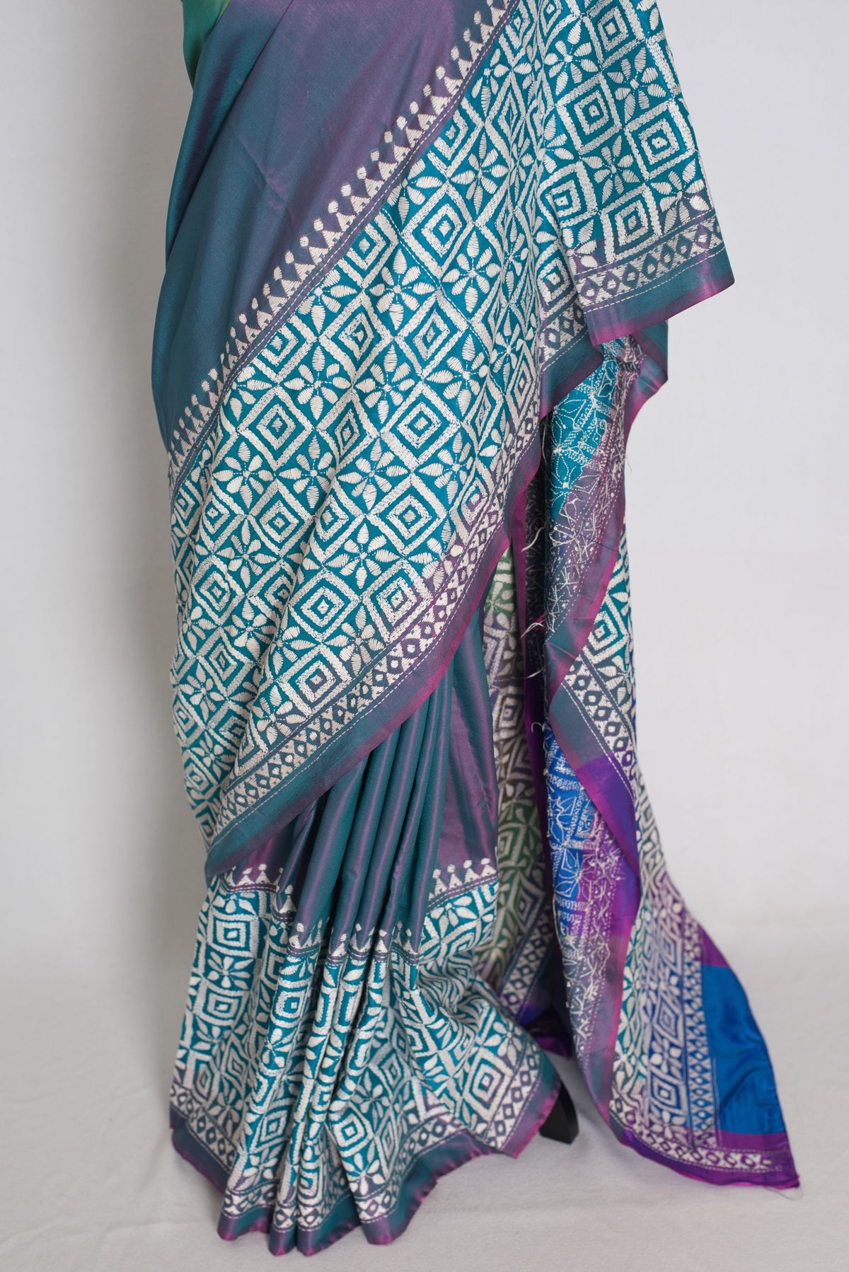 Kavitha : Tri-Color Hand Embroidered Kantha Stitch Bishnupur Blended Silk Saree