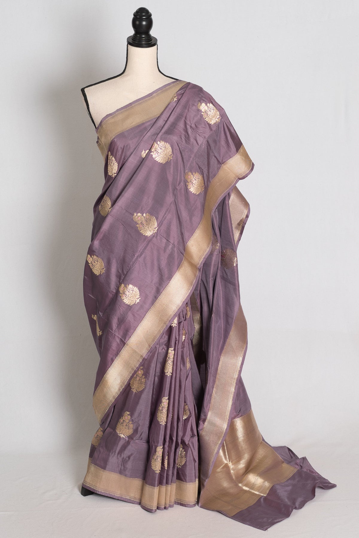 Sudha: Mauve and Gold Banarasi Katan Silk Saree with 40 Size Stitched Blouse