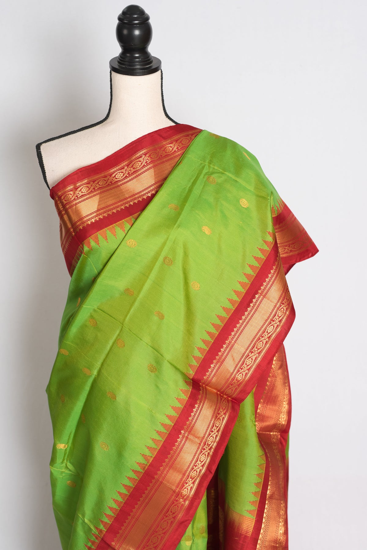 Nabanita : Parrot Green and Red Handwoven Pure Gadwal Silk Saree