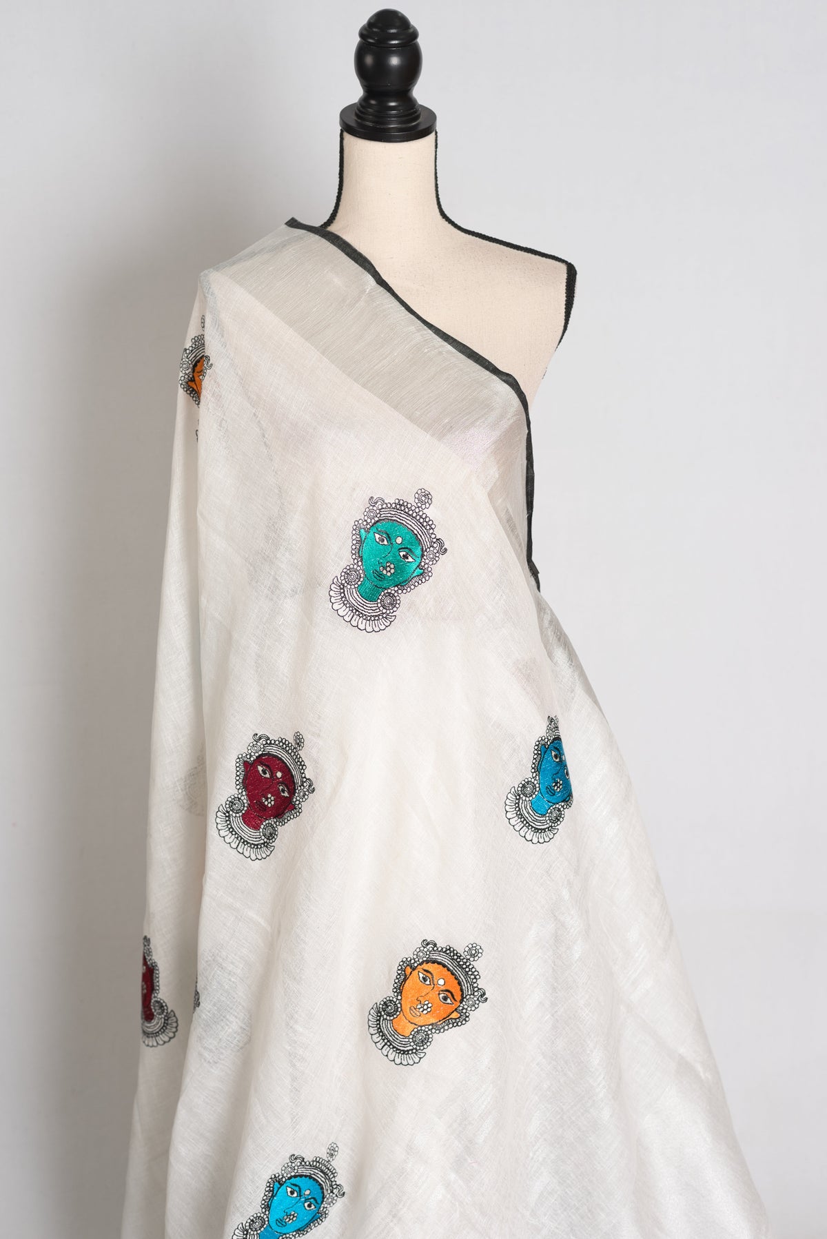 Durga : White Pure Linen Saree with Colorful Durga Face Machine Embroidery