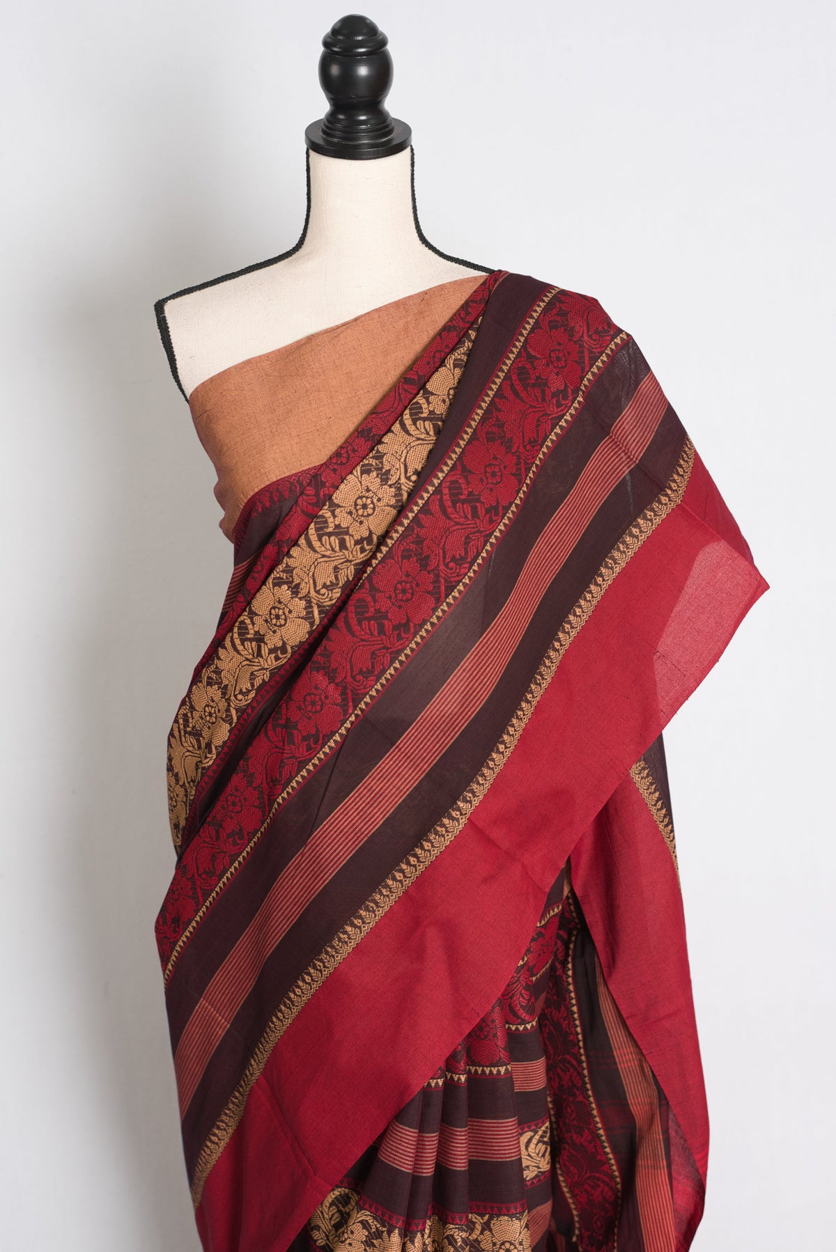 Mati : Maroon Dhaniakhali Bengal Handloom Pure Soft Cotton Saree