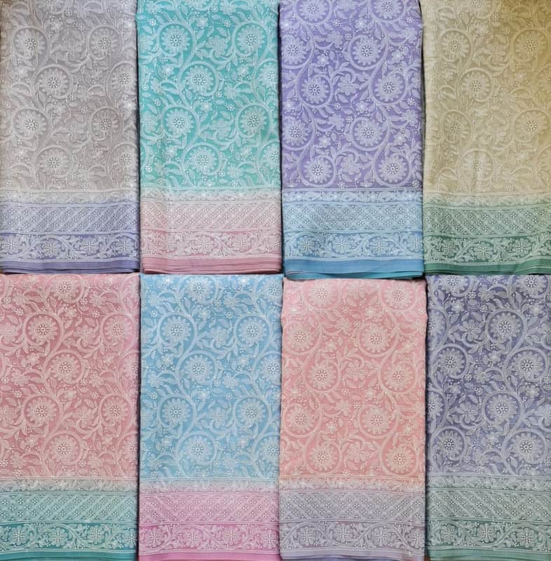 Exclusive Pure Organza Heavy Anchal Embroidery Work Chikankari Silk Saree