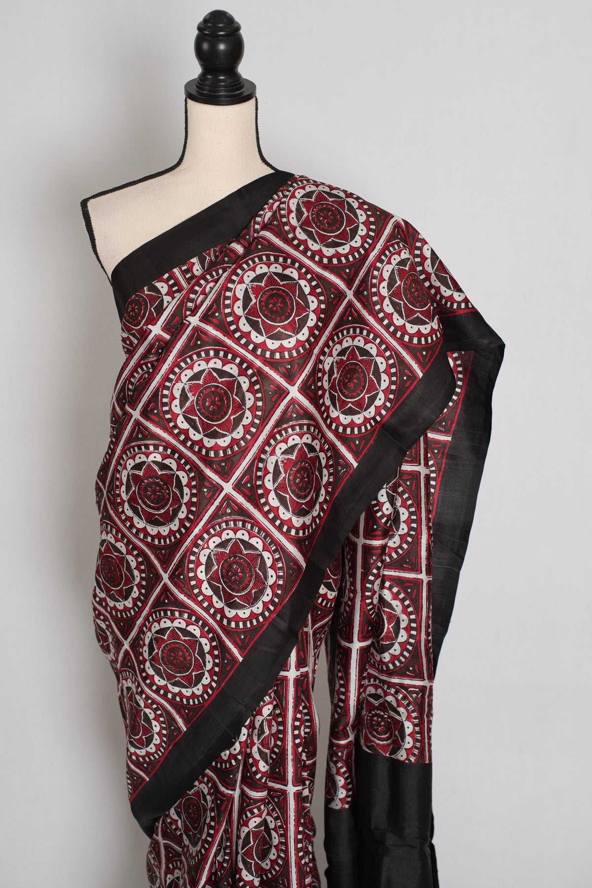 Dhriti : Black and Red Contemporary Hand Block Printed Murshidabad Silk Saree