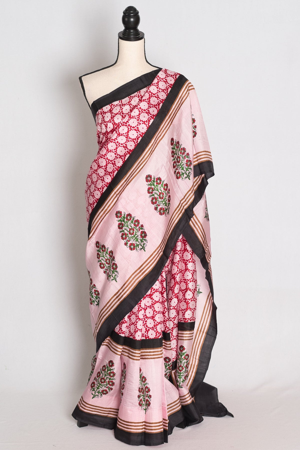 Pritha : Light Pink and Black Hand Block Printed 3-Ply Murshidabad Silk Saree