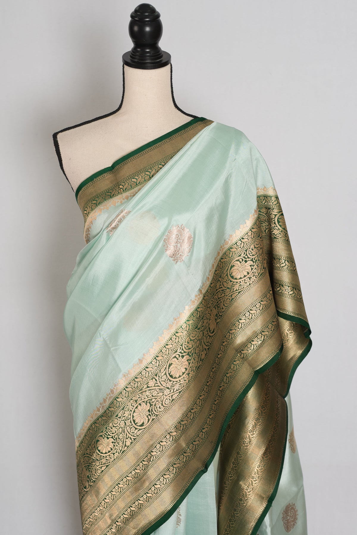 Anisha : Mint Green and Bottle Green Satin Pure Silk Banarasi Saree | Silk Mark