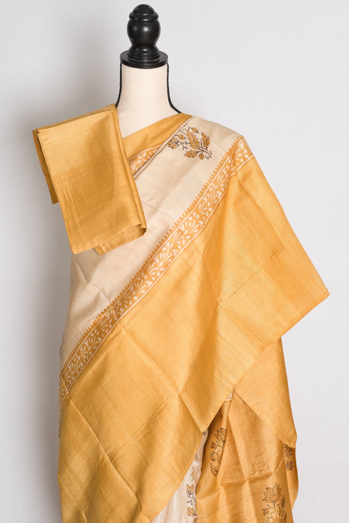 Trisha : Cream and Mustard Yellow Hand Block Printed Pure Tussar Silk Saree