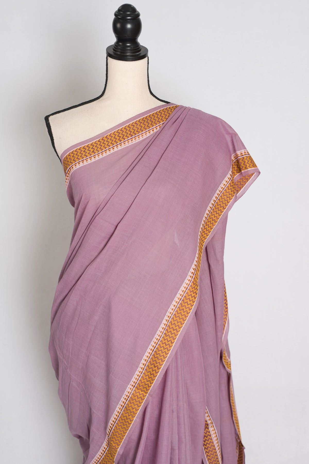 Mita – Mauve Soft Cotton Dhaniakhali Saree with Sleek Yellow Border