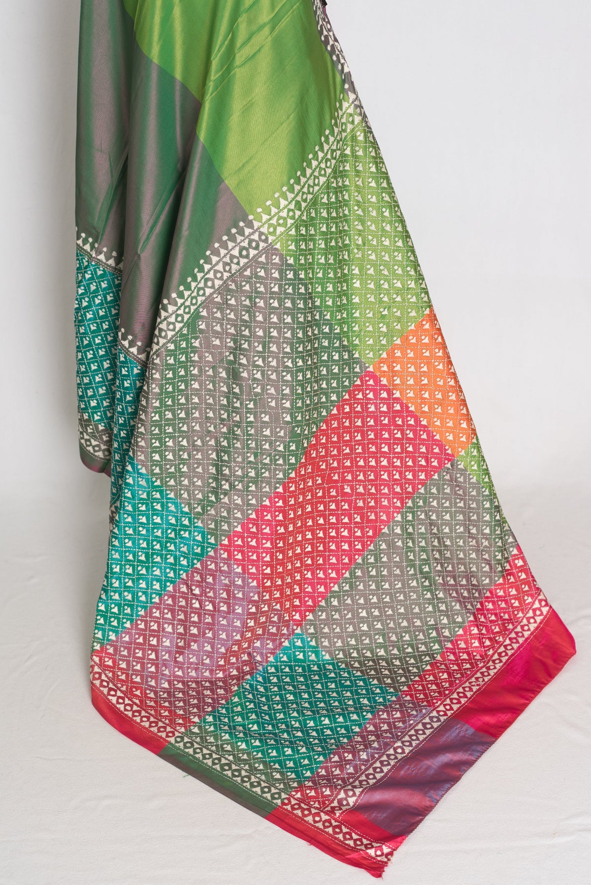 Damini : Green Semi Silk Kantha Embroidery Saree with 42 Size Stitched Blouse