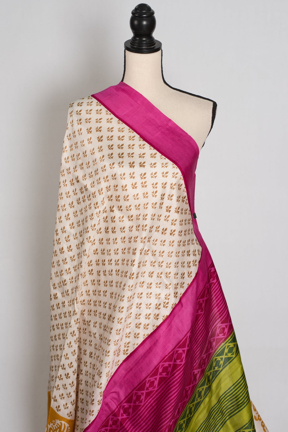 Basanti : Off-White, Pink and Yellow Hand Block Printed Murshidabad Silk Saree
