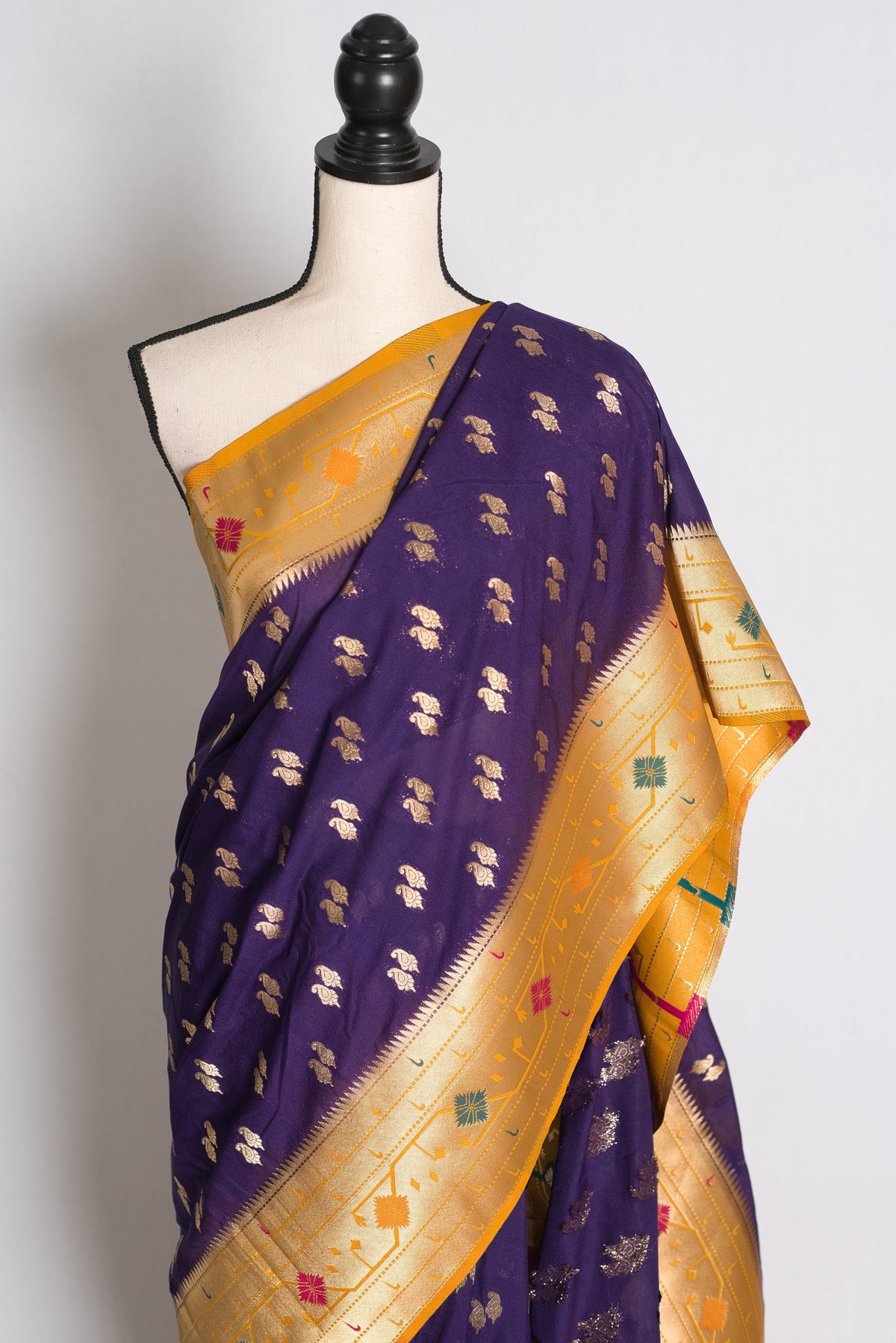 Parul: Purple and Yellow Paithani Inspired Semi Silk Saree