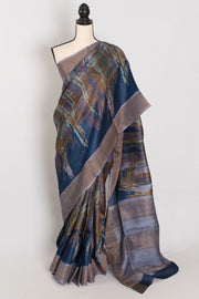 Mukta | Blue & Grey Pure Tussar Silk Saree | Contemporary Graphic Prints