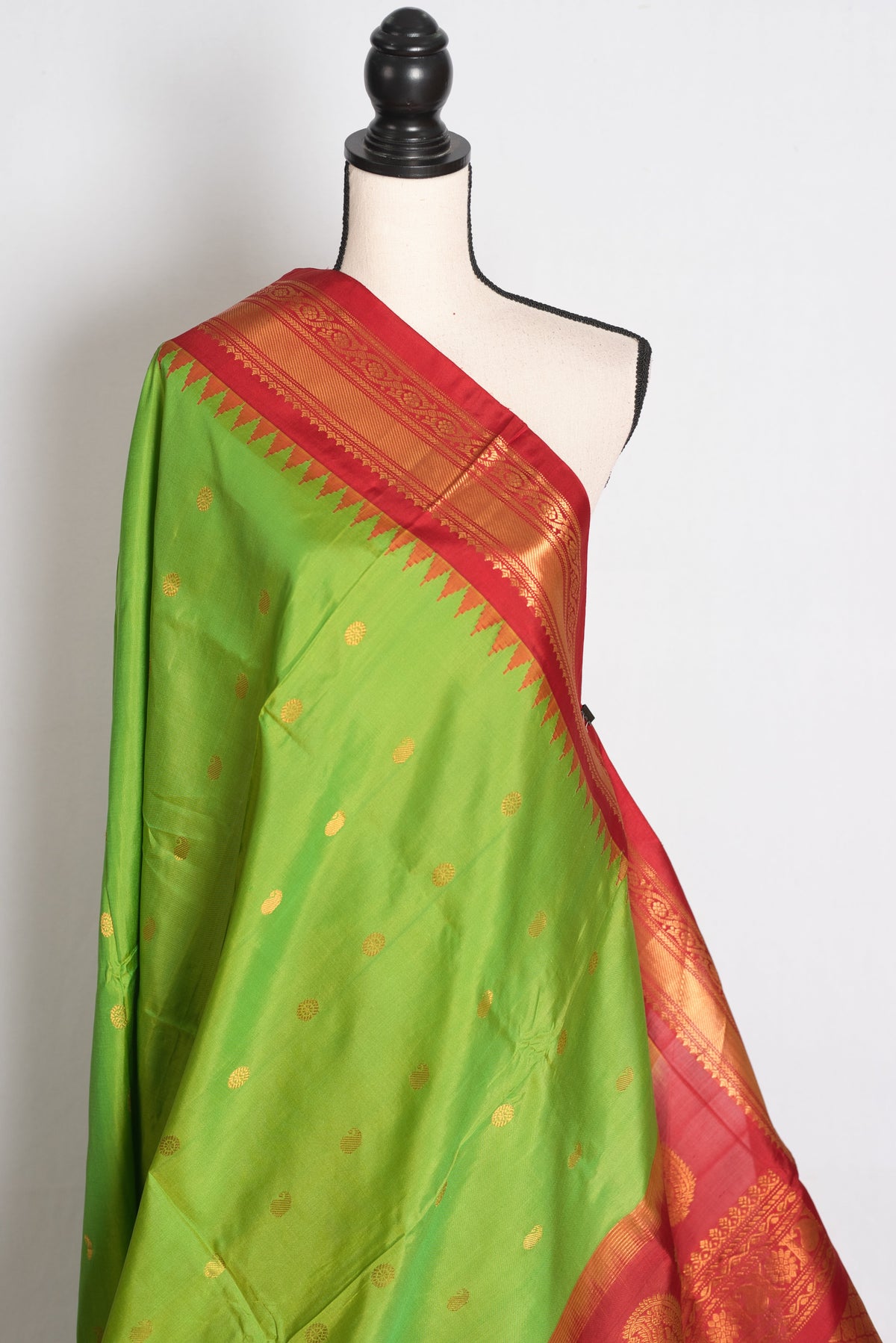 Nabanita : Parrot Green and Red Handwoven Pure Gadwal Silk Saree