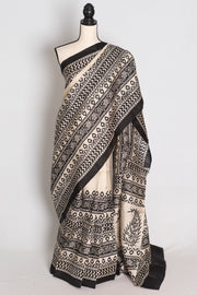 Nandini | Off-White & Black 3-Ply Murshidabad Block Printed Pure Silk Saree