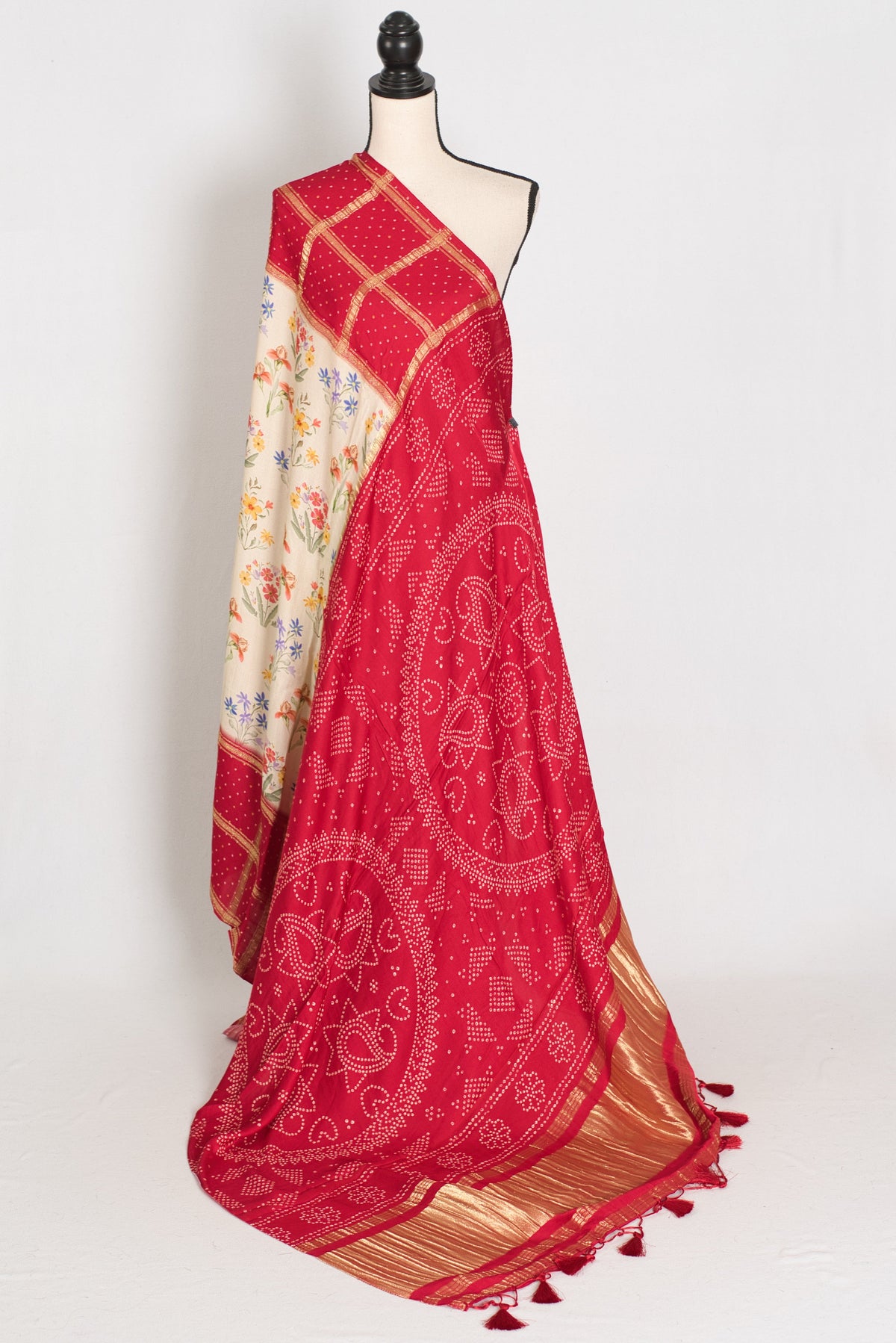 Mehuli | Cream & Rosy Red Modal Silk Saree | Gharchola & Bandhani Print