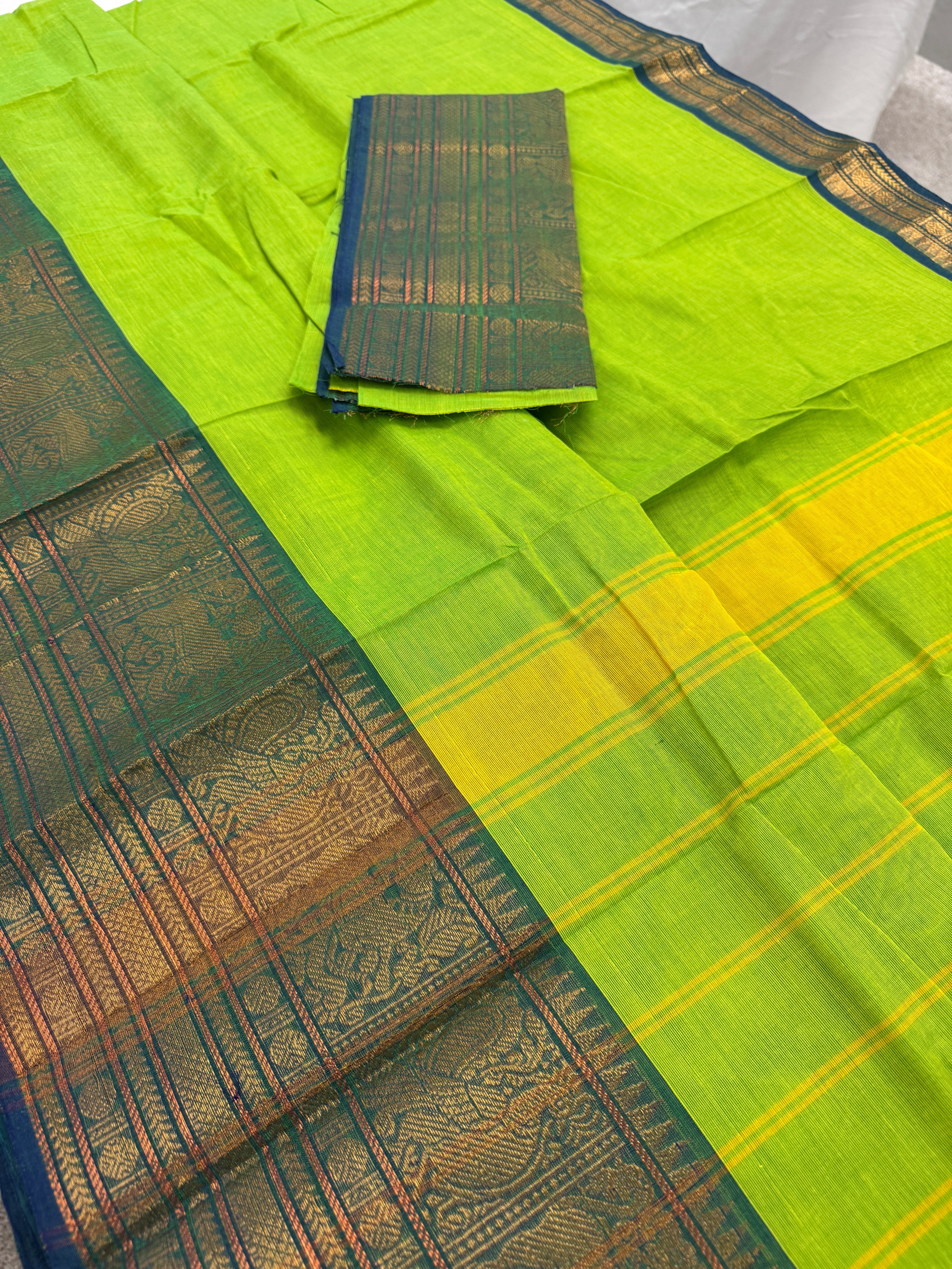 Nalini : Handwoven Kanchi Cotton Saree in Bright Green and Blue