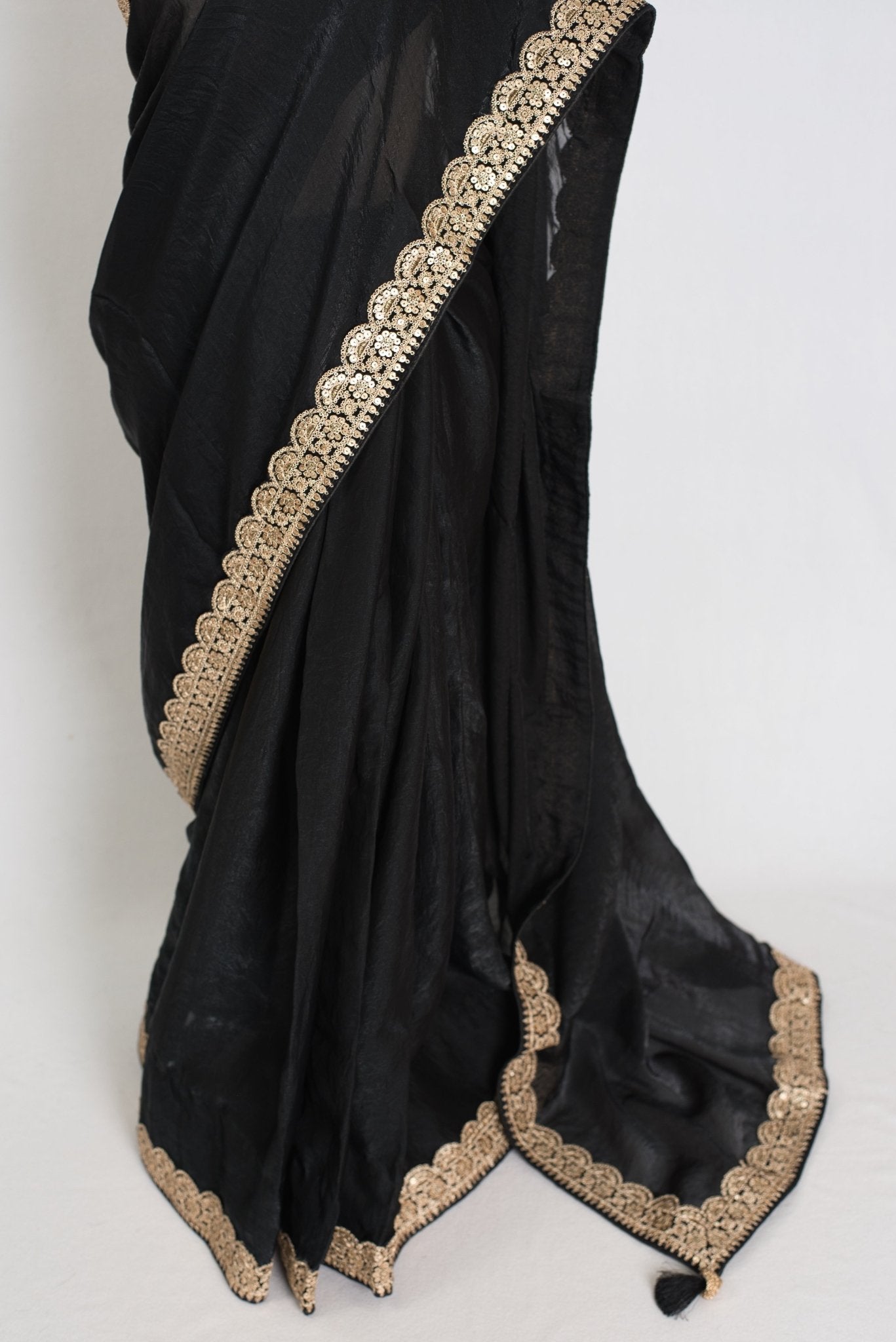 Farah : Designer Glass Tissue Black Partywear Saree with Patched Gold Border