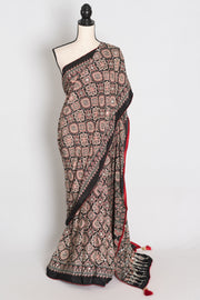 Trisha : Black and Red Semi Modal Silk Ajrakh Saree with Hand-Pasted Mirrors