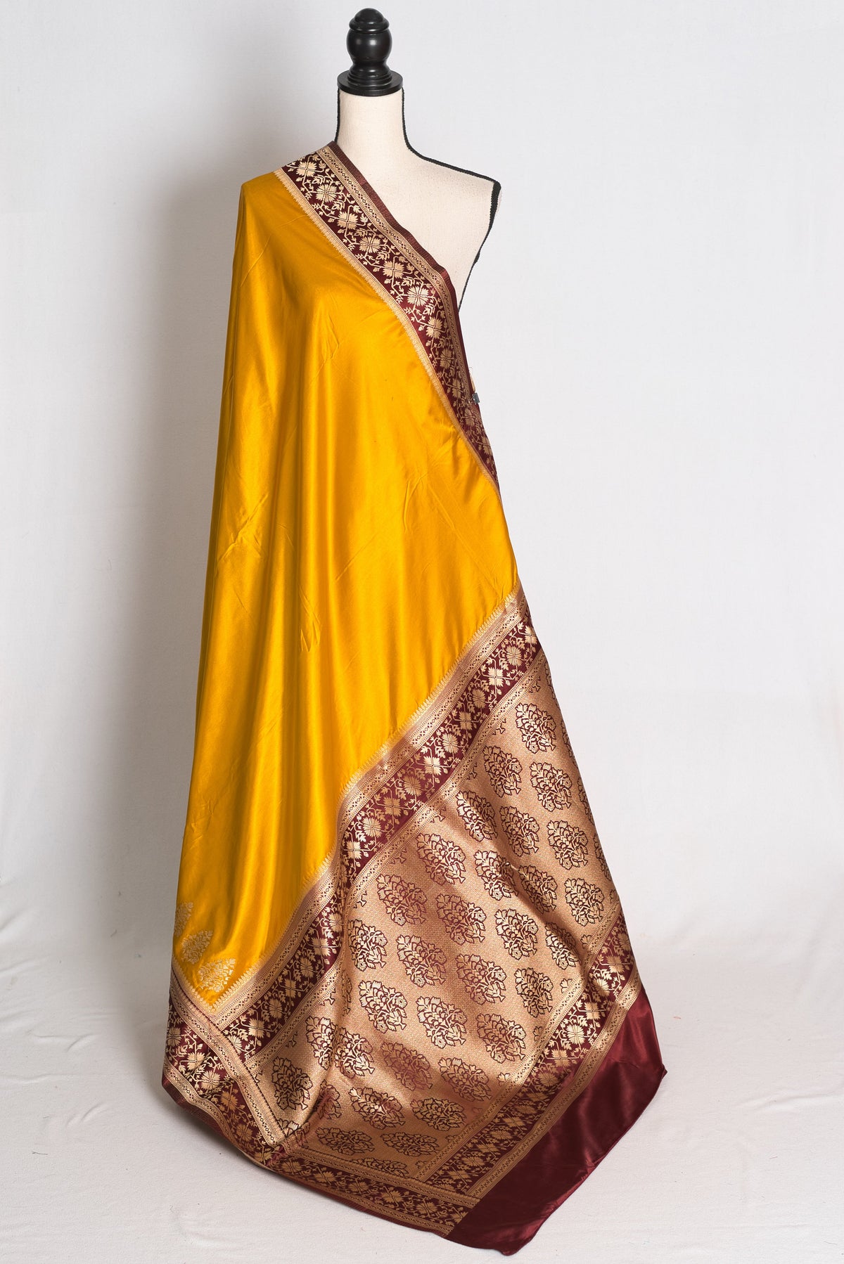 Damini: Mustard Yellow Semi Mashru Valkalam Banarasi Silk Saree