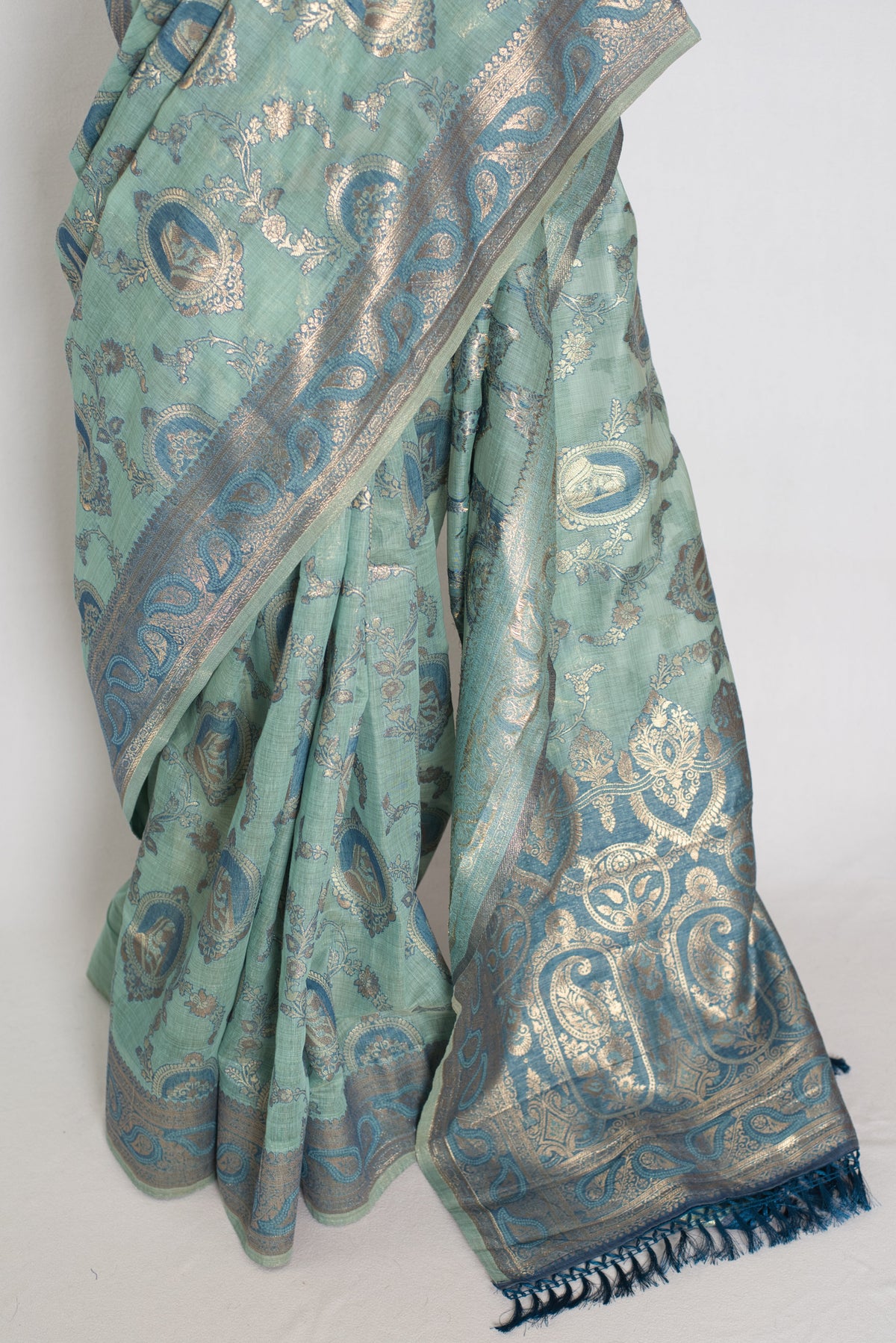 Mira | Pastel Blue Blended Cotton Saree | Traditional Baluchari Motifs