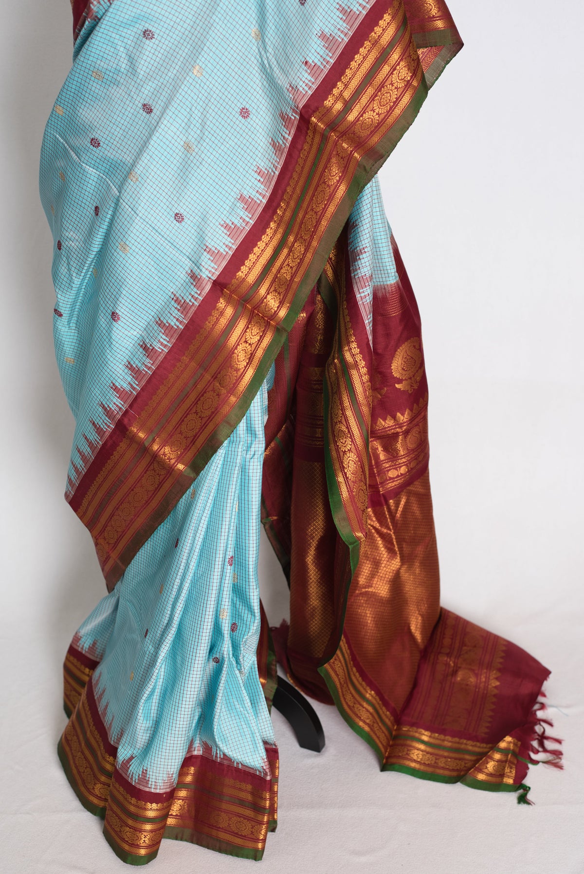 Naheed : Sky Blue and Maroon Micro Checks Handloom Gadwal Silk Saree