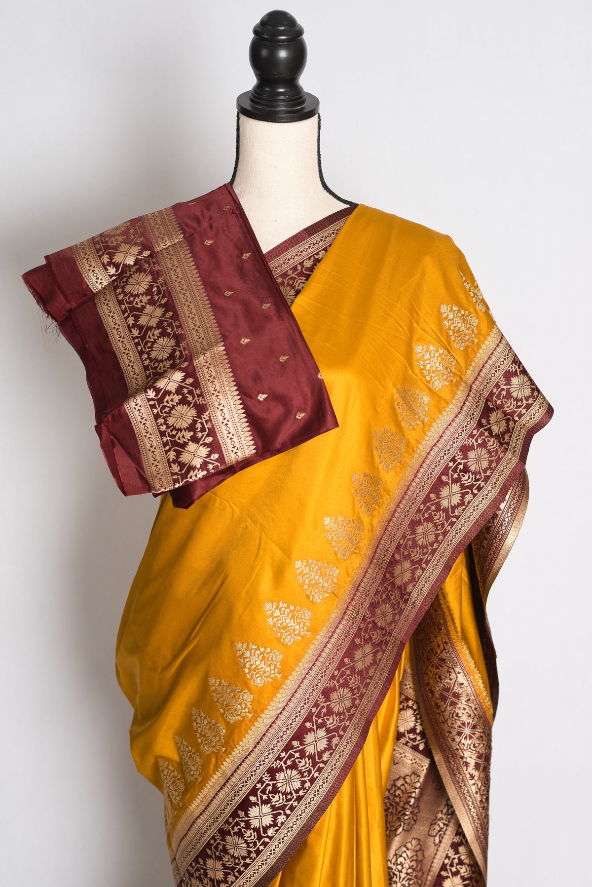 Damini: Mustard Yellow Semi Mashru Valkalam Banarasi Silk Saree