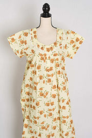 Floral Printed Pale Yellow Women Indian Cotton Nighty in Regular Size