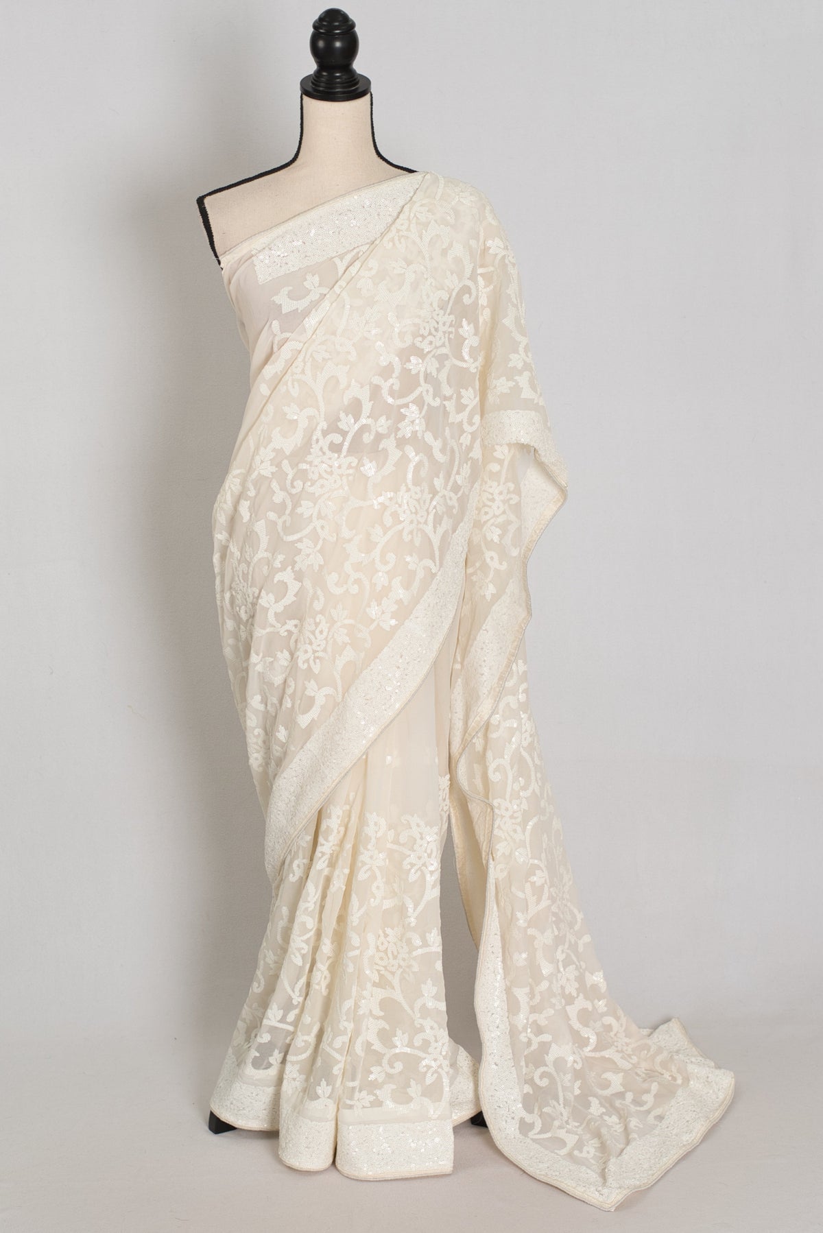 Damini | Ivory White Sequin Georgette Cocktail Saree | Classic Embroidery