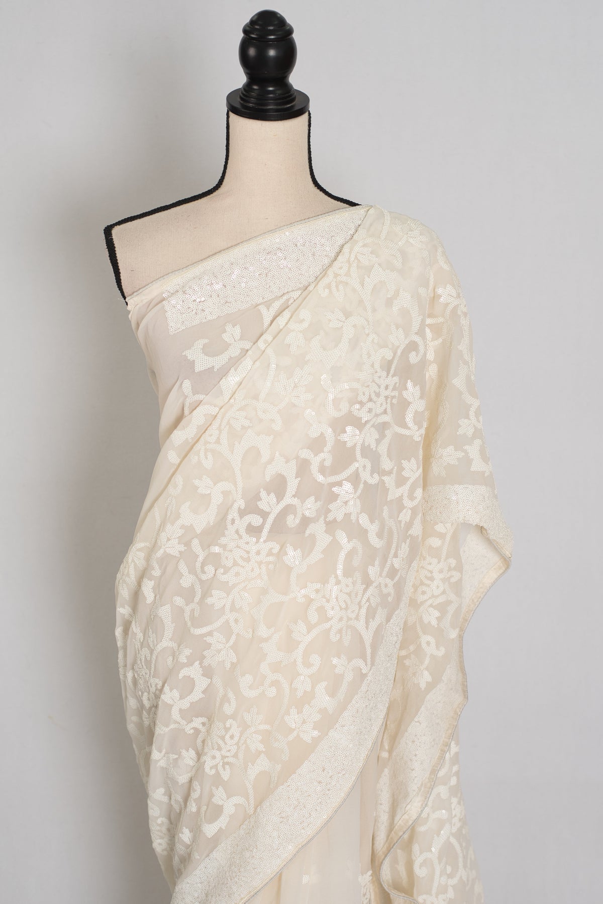 Damini | Ivory White Sequin Georgette Cocktail Saree | Classic Embroidery