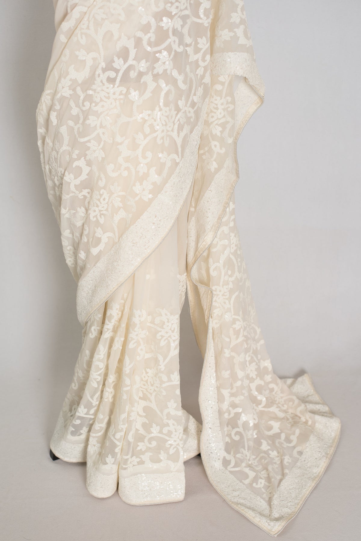 Damini | Ivory White Sequin Georgette Cocktail Saree | Classic Embroidery