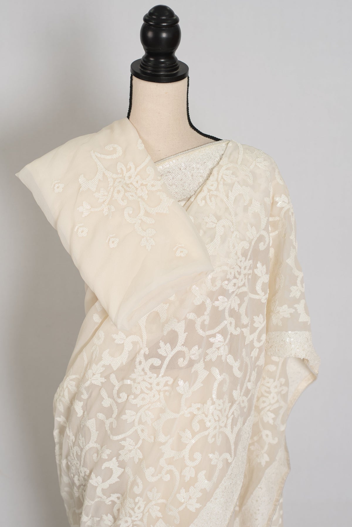 Damini | Ivory White Sequin Georgette Cocktail Saree | Classic Embroidery