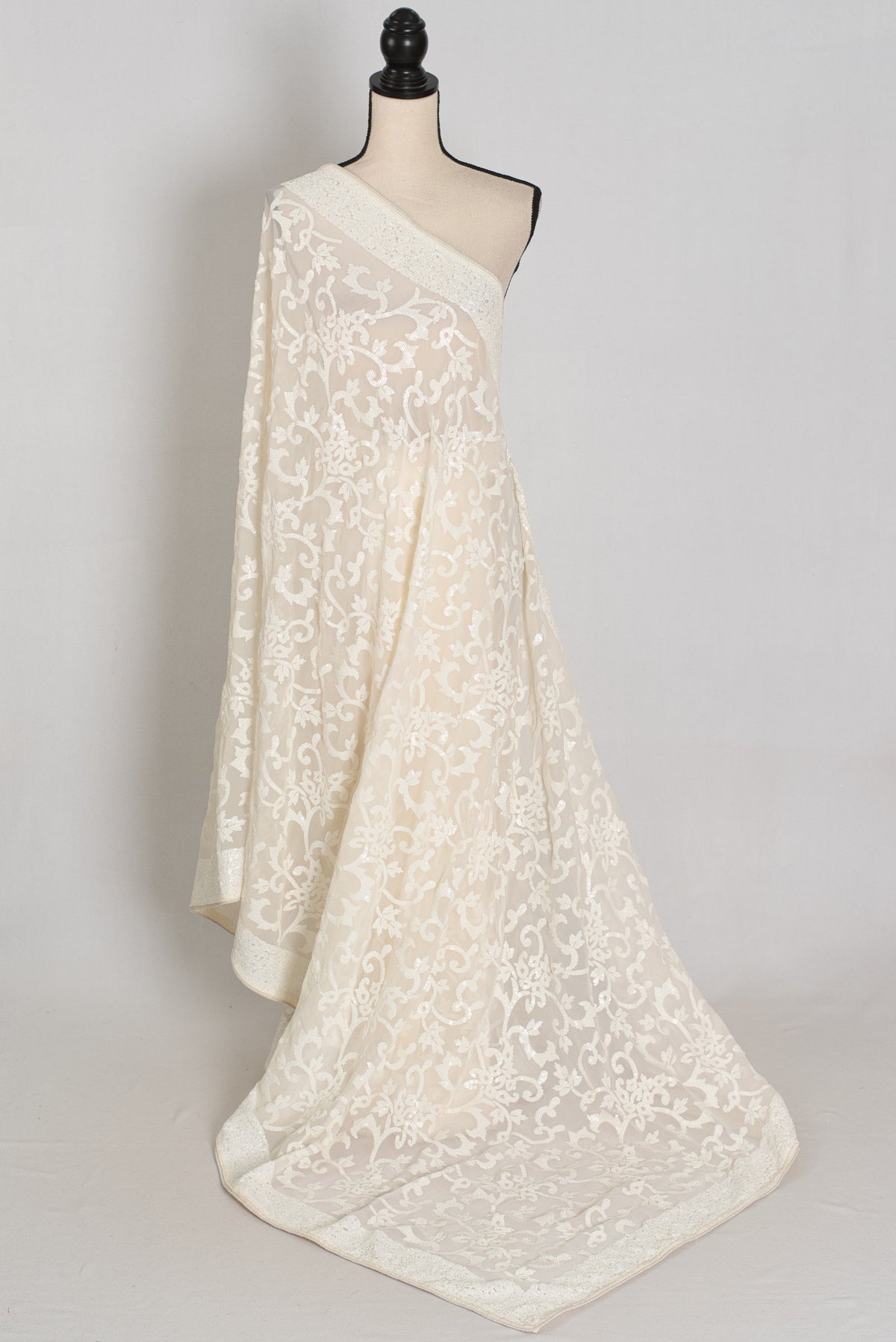 Damini | Ivory White Sequin Georgette Cocktail Saree | Classic Embroidery