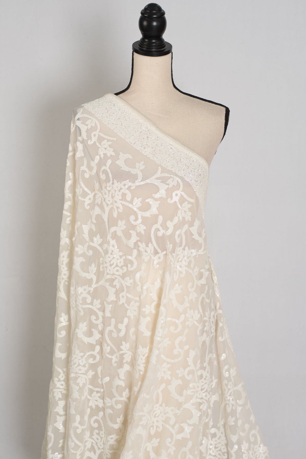Damini | Ivory White Sequin Georgette Cocktail Saree | Classic Embroidery