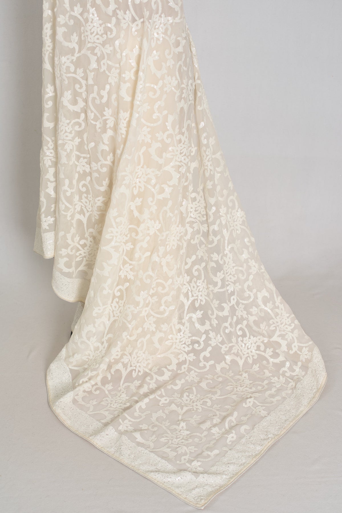 Damini | Ivory White Sequin Georgette Cocktail Saree | Classic Embroidery