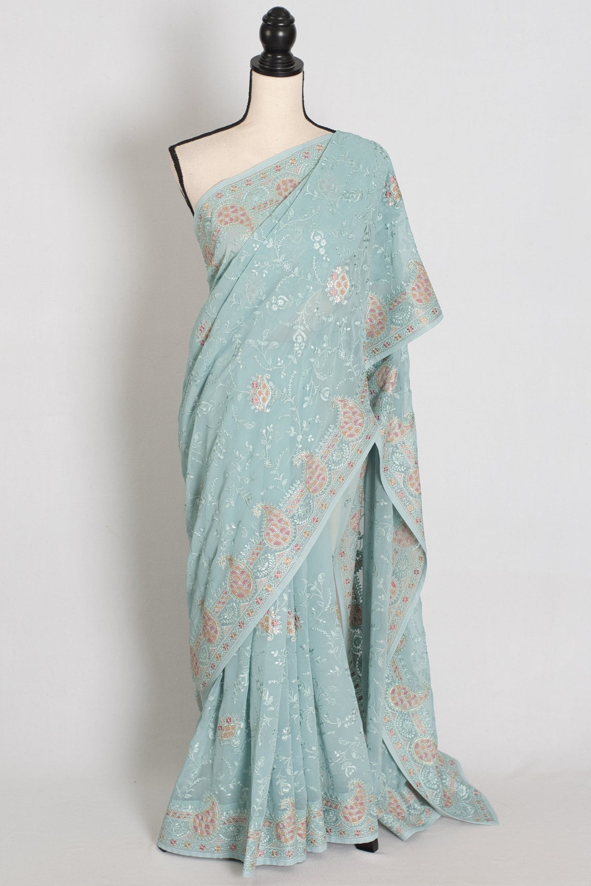 Sudha | Soft Blue Georgette Partywear Saree | Soothing Pastel Floral Embroidery