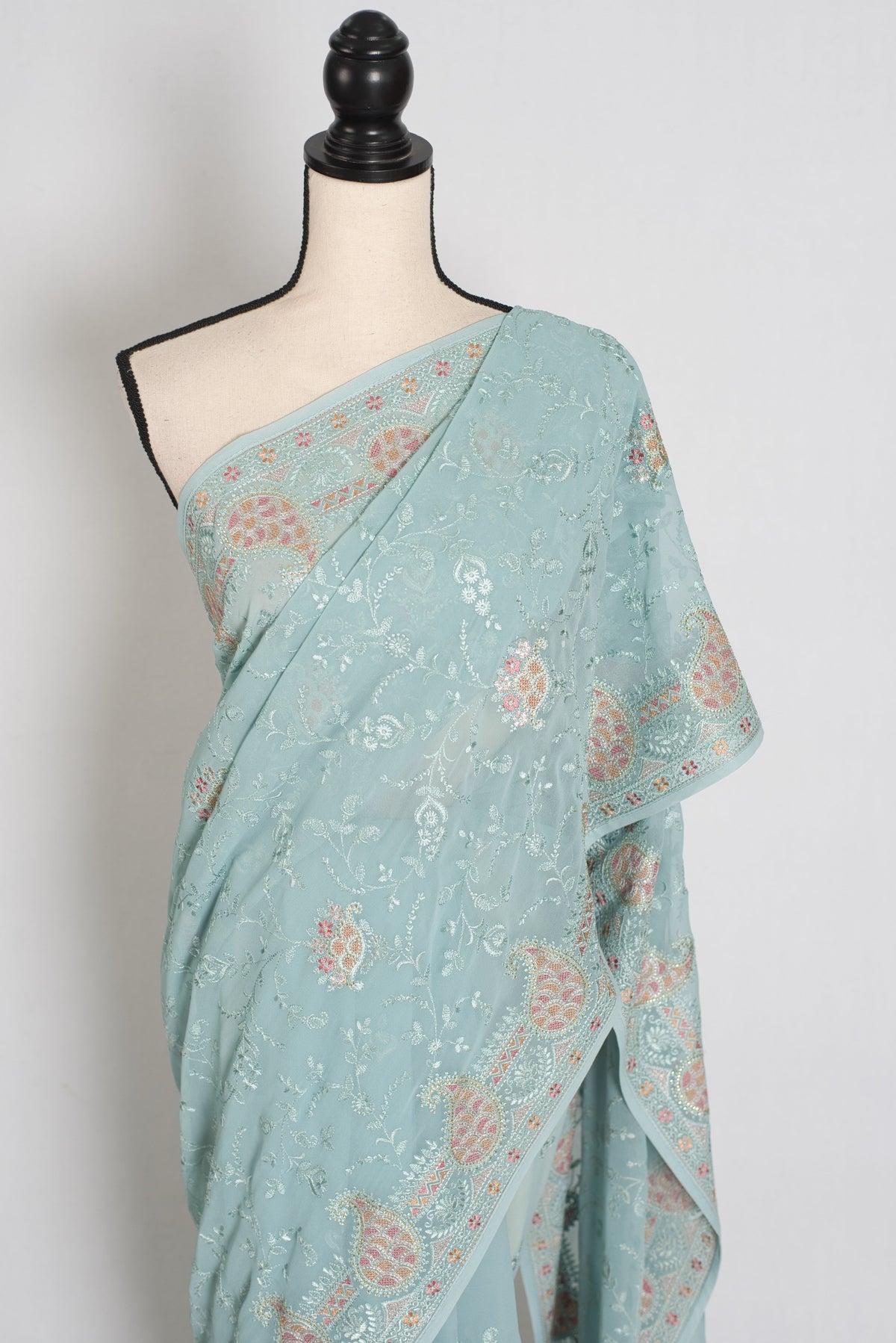 Sudha | Soft Blue Georgette Partywear Saree | Soothing Pastel Floral Embroidery