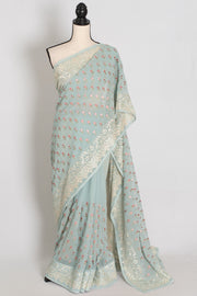 Grace | Sky Blue Georgette Partywear Saree | Pastel Floral Booti Embroidery