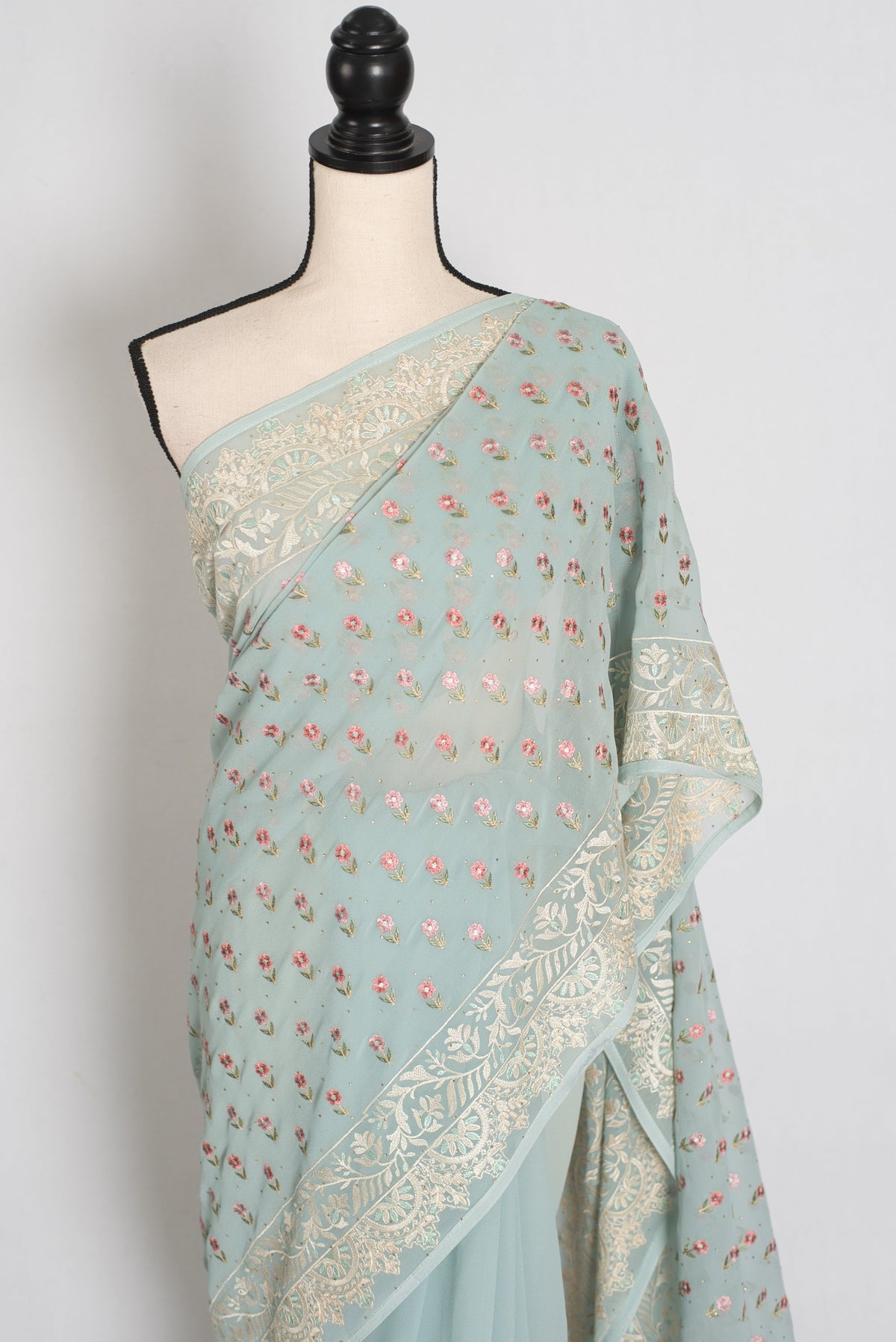 Grace | Sky Blue Georgette Partywear Saree | Pastel Floral Booti Embroidery