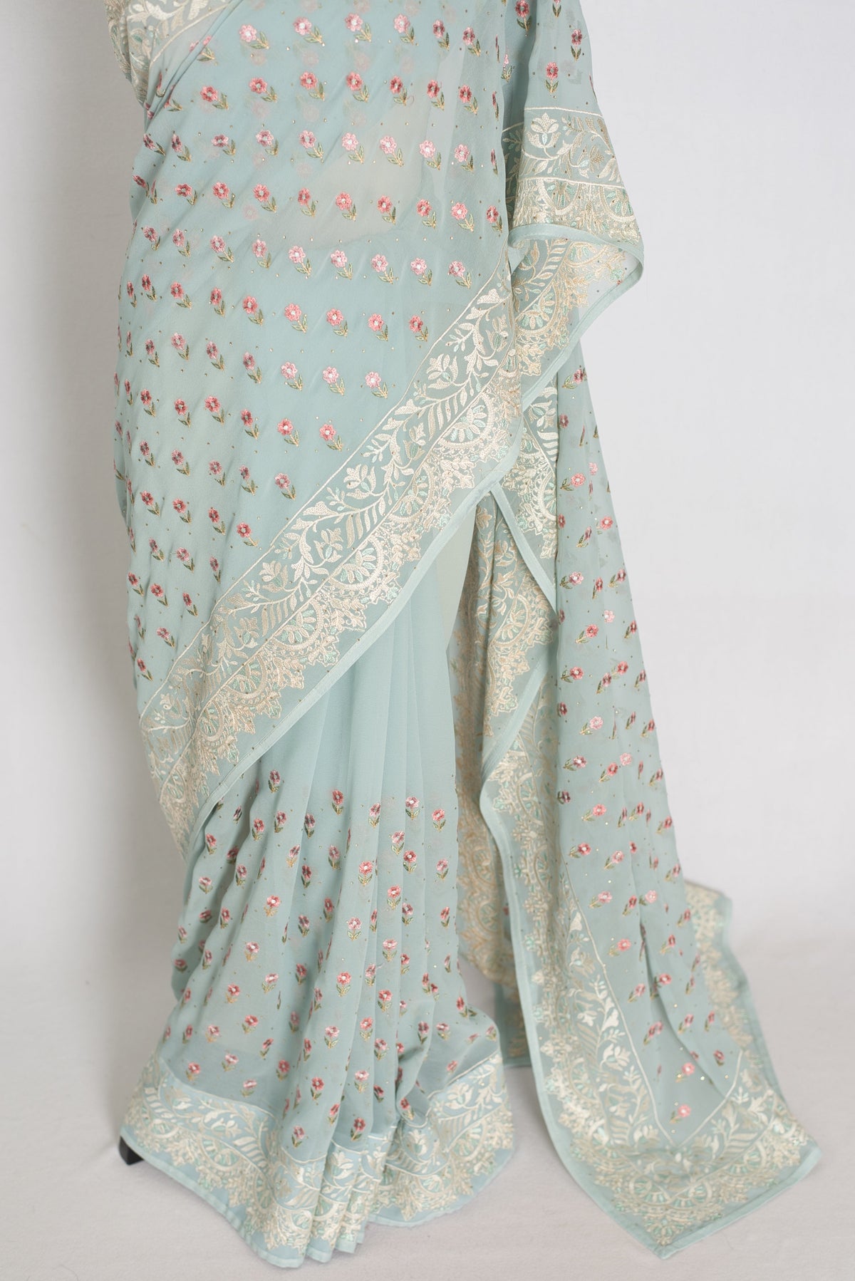 Grace | Sky Blue Georgette Partywear Saree | Pastel Floral Booti Embroidery