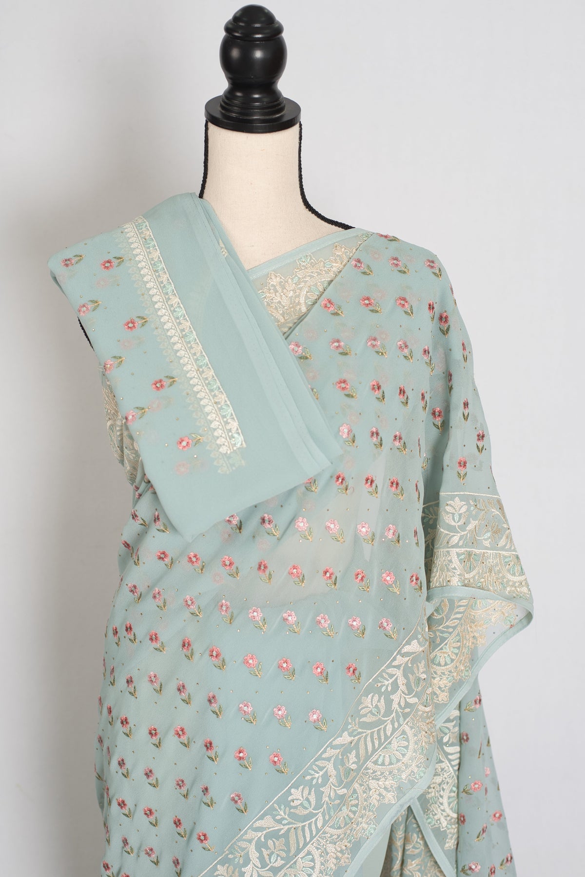 Grace | Sky Blue Georgette Partywear Saree | Pastel Floral Booti Embroidery