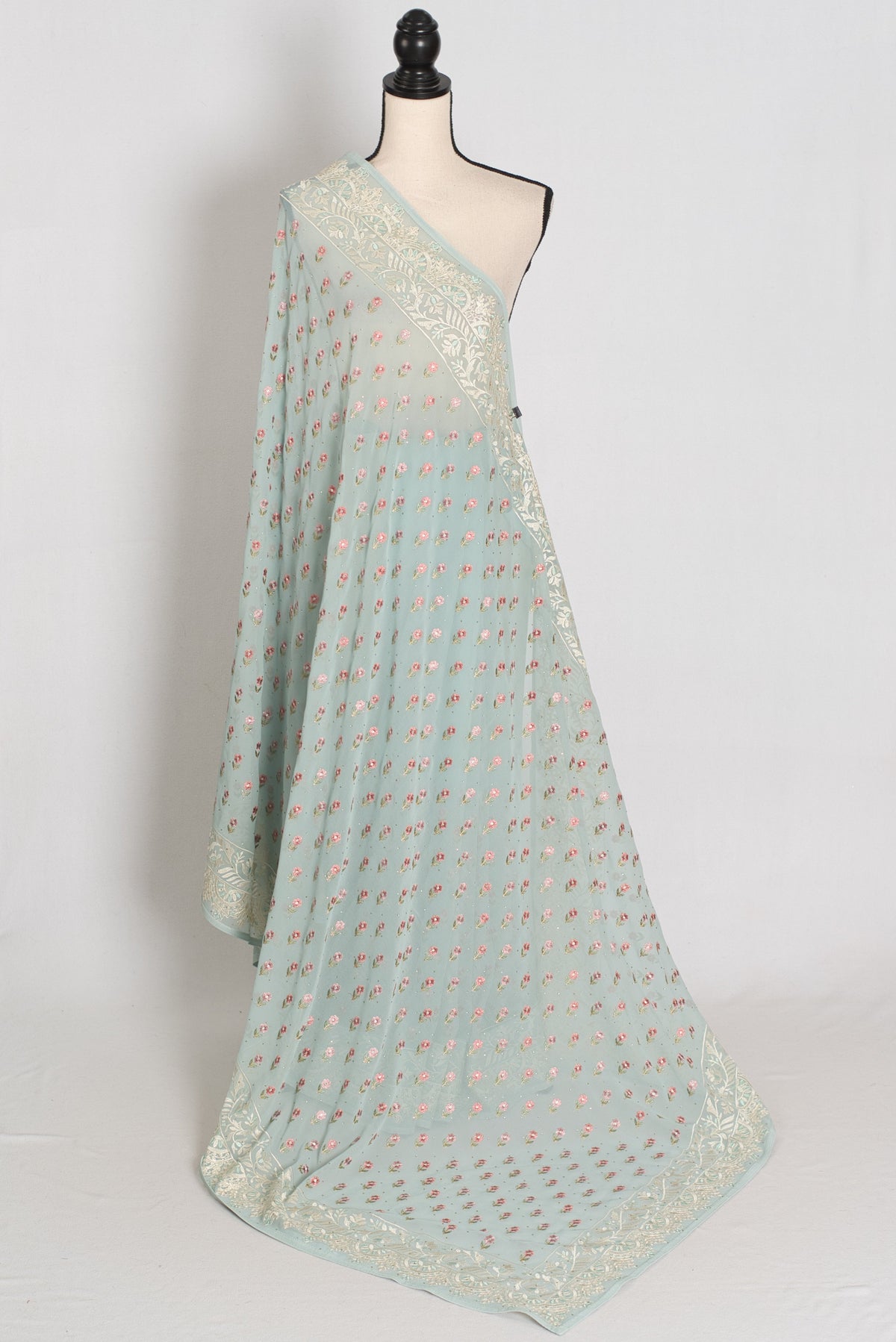 Grace | Sky Blue Georgette Partywear Saree | Pastel Floral Booti Embroidery
